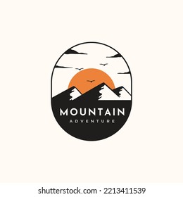 wild mountain vintage logo vector minimalist illustration design, sunset in the mountain logo design