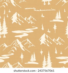 Wild Mountains Landscape Sketched Style Vector Seamless Pattern