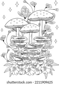 Wild mushroom in nature coloring page for adults