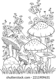 Wild mushroom in nature coloring page for adults