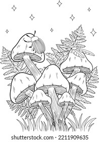 Wild mushroom in nature coloring page for adults