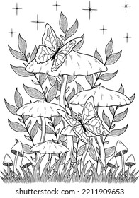 Wild mushroom in nature coloring page for adults