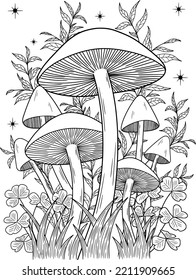 Wild mushroom in nature coloring page for adults