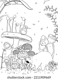 Wild mushroom in nature coloring page for adults