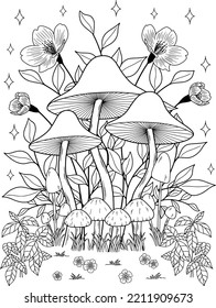 Wild mushroom in nature coloring page for adults