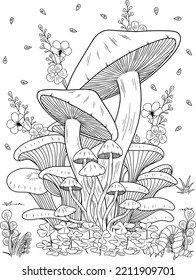 Wild mushroom in nature coloring page for adults