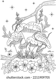 Wild mushroom in nature coloring page for adults