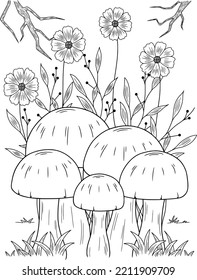 Wild mushroom in nature coloring page for adults