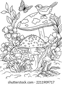 Wild mushroom in nature coloring page for adults