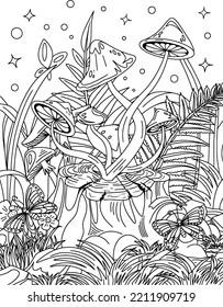 Wild mushroom in nature coloring page for adults
