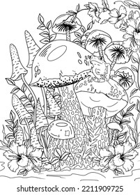 Wild mushroom in nature coloring page for adults