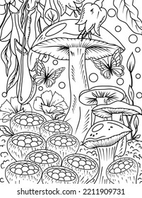 Wild mushroom in nature coloring page for adults