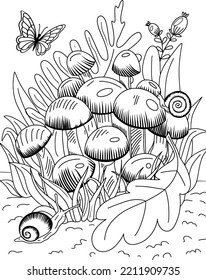 Wild mushroom in nature coloring page for adults