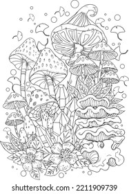 Wild mushroom in nature coloring page for adults