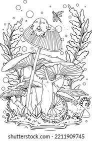 Wild mushroom in nature coloring page for adults