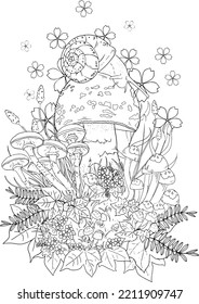 Wild mushroom in nature coloring page for adults