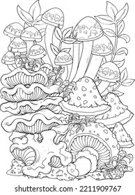 Wild mushroom in nature coloring page for adults