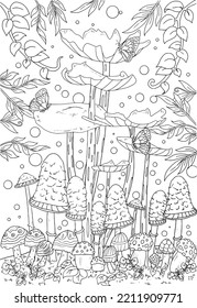 Wild mushroom in nature coloring page for adults