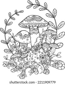 Wild mushroom in nature coloring page for adults