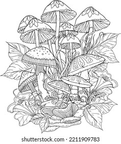 Wild mushroom in nature coloring page for adults