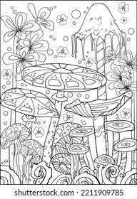 Wild mushroom in nature coloring page for adults