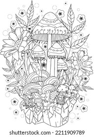 Wild mushroom in nature coloring page for adults