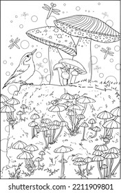 Wild mushroom in nature coloring page for adults