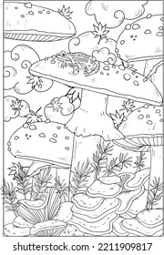 Wild mushroom in nature coloring page for adults