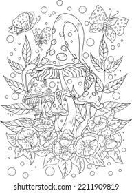 Wild mushroom in nature coloring page for adults