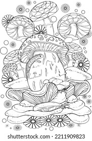 Wild mushroom in nature coloring page for adults