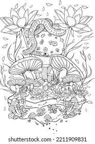 Wild mushroom in nature coloring page for adults