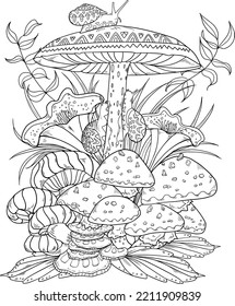 Wild mushroom in nature coloring page for adults