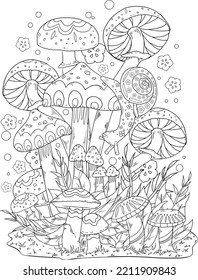 Wild mushroom in nature coloring page for adults