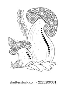 Wild mushrooms and doodle pattern   berries white background  Anti  stress coloring book for children   adults  Black contour drawing  Decorative element for design