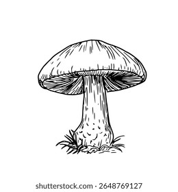 Wild mushrooms in grass, a sketch in black and white ink. Vector illustration. Autumn decor for a mushroom garden, highlighted on a white background. For postcards, invitations, cookbooks, and menus.
