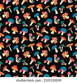 Wild mushrooms seamless colorful hand drawn pattern background.