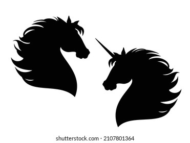 wild mustang and fairy tale unicorn horse profile head design - black and white vector silhouette of animal with flying mane