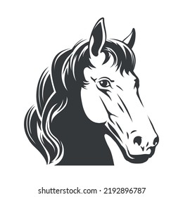 Cabeza de mustang salvaje. Ilustración vectorial de caballo Mustangs, símbolo de imagen negra de la vestimenta rápida