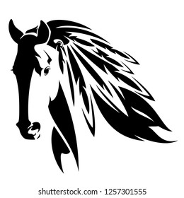 wild mustang horse with feathers in mane - native american spirit animal black and white vector design