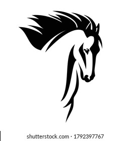 wild mustang horse with flying mane black and white vector head portrait