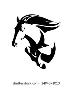 wild mustang horse jumping forward - black and white vector of speeding stallion