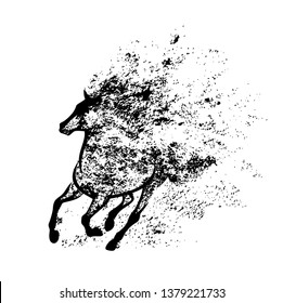 wild mustang horse running in splash of ink paint - black and white vector grunge style silhouette