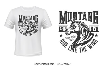 Wild mustang stallion t-shirt vector print. Horse stallion head with waving mane illustration and typography. Wild west horse riding, equestrian or racing club clothing custom print design