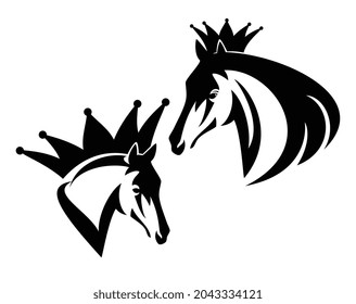 wild mustang stallion wearing king crown - royal champion horse profile head black and white vector outline set