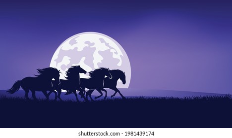 wild mustangs running in night prairie against full moon - horse herd silhouette landscape vector design