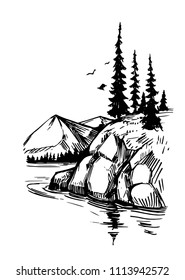 Wild natural landscape with lake, rocks, trees. Hand drawn illustration converted to vector.  