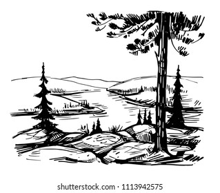 Wild natural landscape with lake, rocks, trees. Hand drawn illustration converted to vector.  