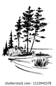 Wild natural landscape with lake, rocks, trees. Hand drawn illustration converted to vector.  