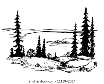 Wild natural landscape with lake, rocks, trees. Hand drawn illustration converted to vector.  