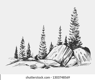 Wild natural landscape with lake, rocks, trees. Hand drawn illustration converted to vector.  